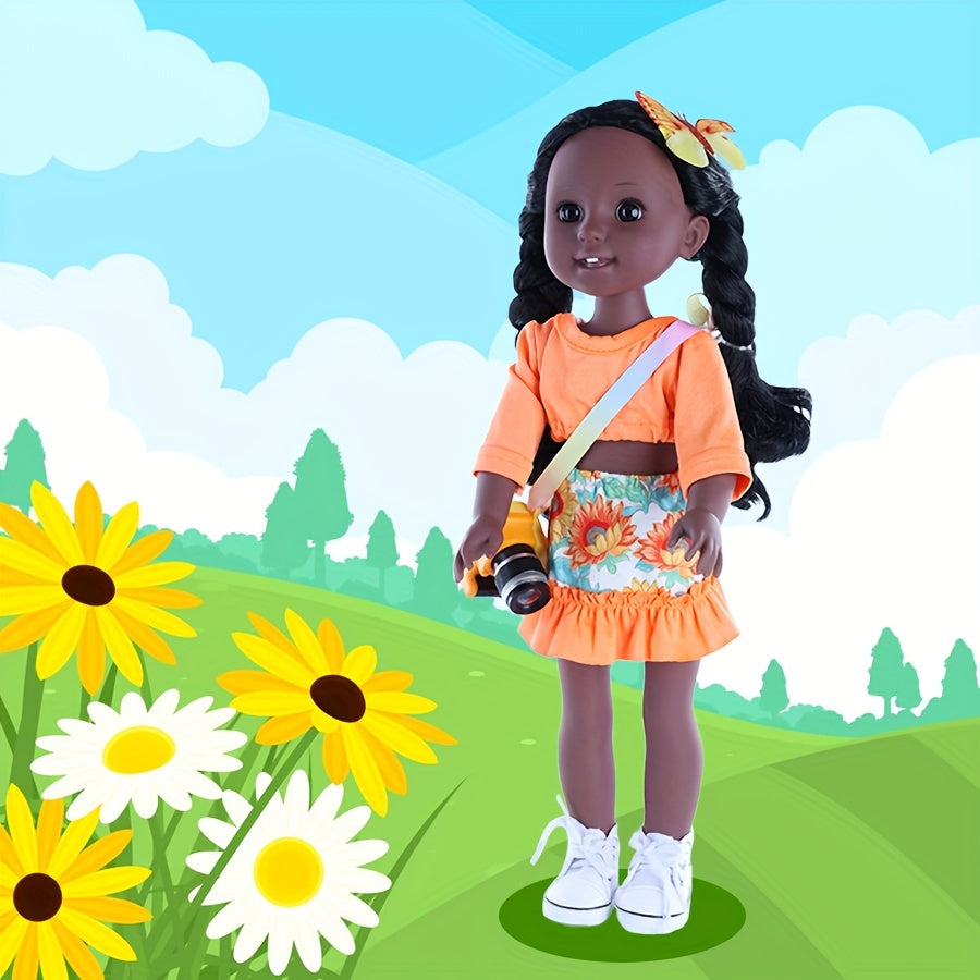 10 Pieces Set of 15 Inch African American Dolls with Accessories: Clothes, Phone, Camera, Glasses, Shoes, Hair Clips, Roller Pen Knife