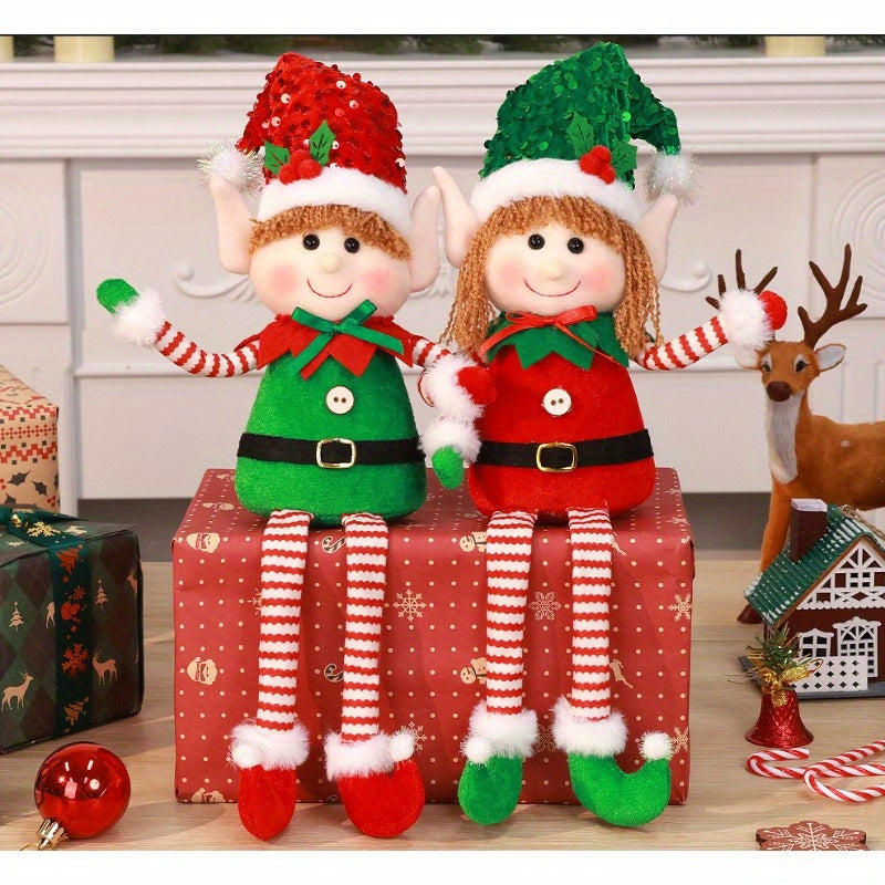 HATISAN 2pcs Christmas Elf Dolls - Polyester Plush Elves with Long Legs, Festive Tabletop Decorations for Home, Kitchen, Living Room, Bar, Cafe - No Electricity Needed, Perfect for Christmas Holiday Display