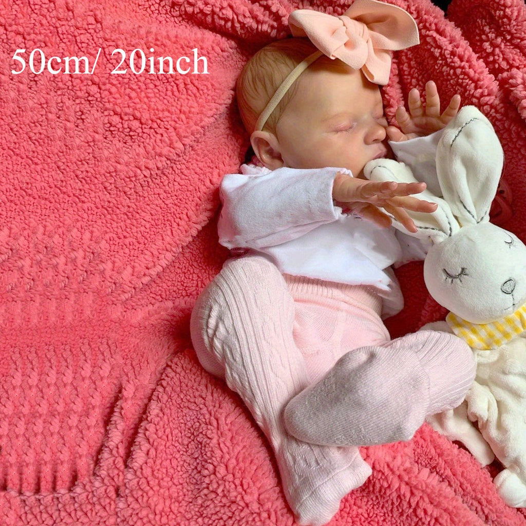 20" Realistic Reborn Baby Doll - Soft Vinyl Limbs, Cloth Body, 3D Hand-Painted Light Beige, Sleeping Newborn with Pink Bow & White Bunny Toy, Cute Gift for Girls & Kids Birthday, Baby Dolls for Girls, Playful Design, Detailed