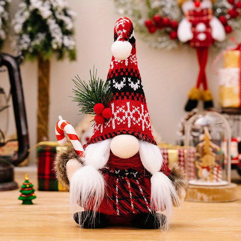 Christmas Gnome Plush Dolls, Set of 2, Knitted Cap Scandinavian Tomte Nisse Figurines with Lantern & Candy Cane, Festive Handmade Polyester No-Face Elves, Non-Electricity Tabletop Holiday Decorations