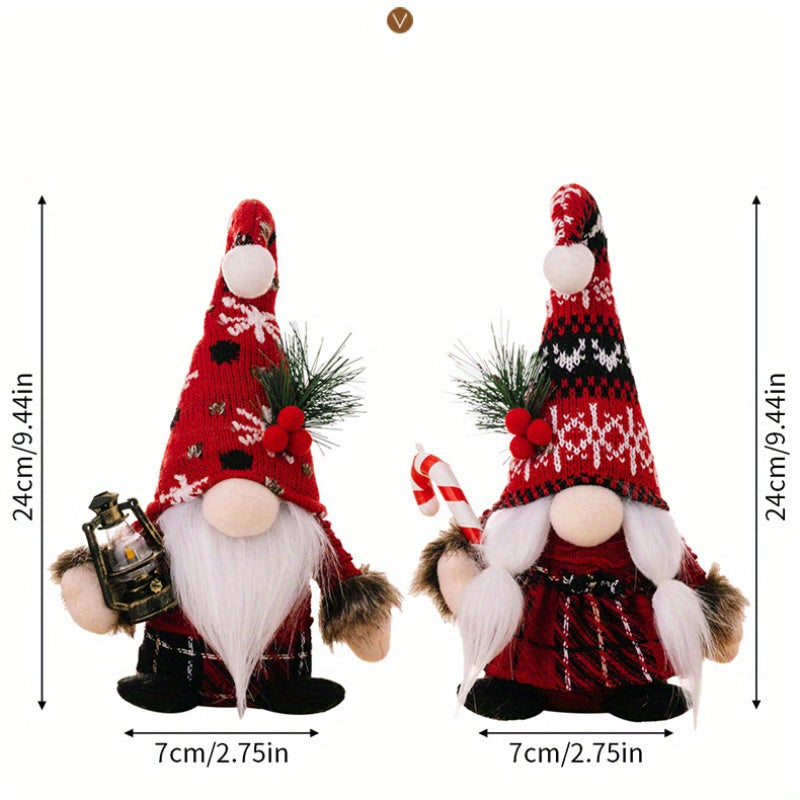Christmas Gnome Plush Dolls, Set of 2, Knitted Cap Scandinavian Tomte Nisse Figurines with Lantern & Candy Cane, Festive Handmade Polyester No-Face Elves, Non-Electricity Tabletop Holiday Decorations