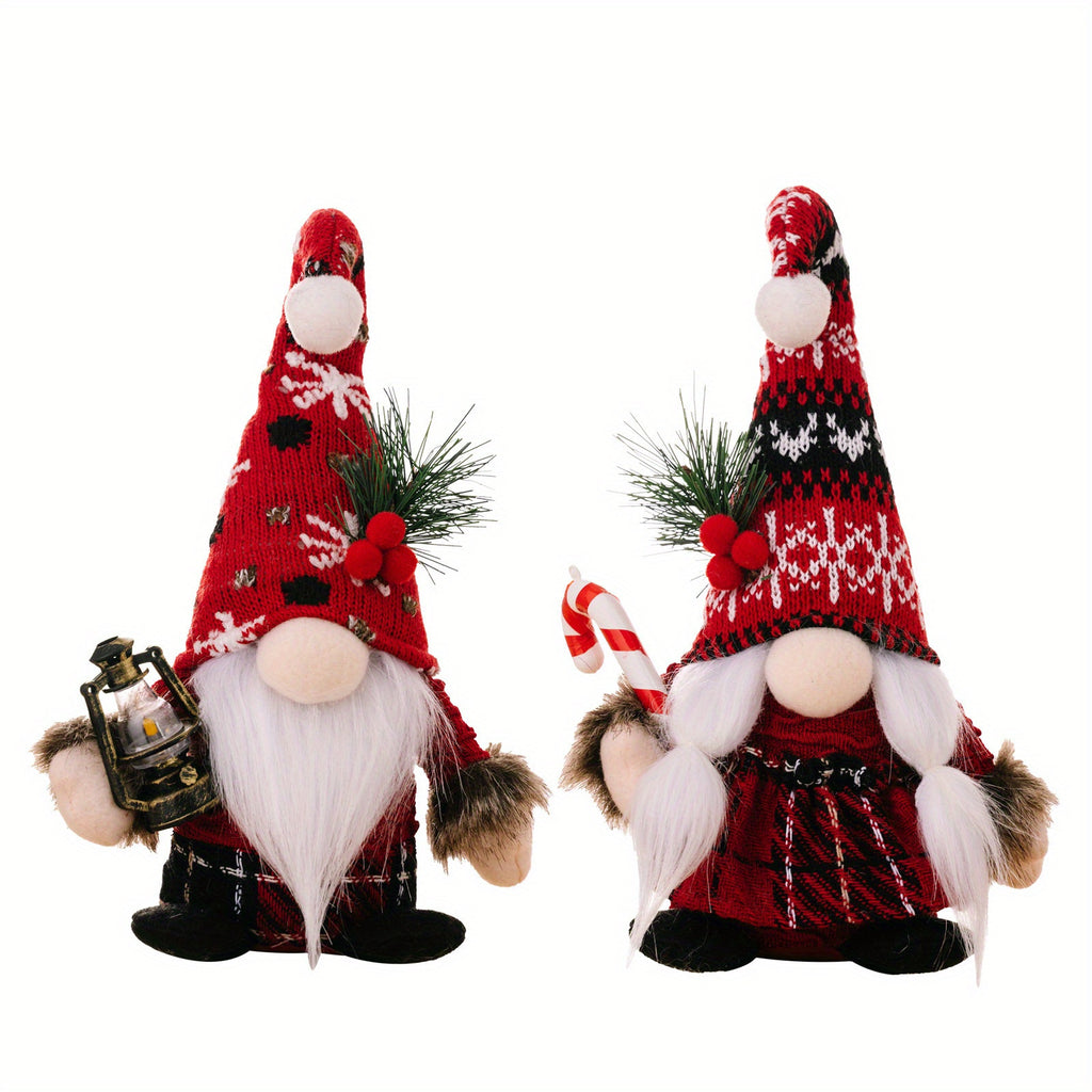 Christmas Gnome Plush Dolls, Set of 2, Knitted Cap Scandinavian Tomte Nisse Figurines with Lantern & Candy Cane, Festive Handmade Polyester No-Face Elves, Non-Electricity Tabletop Holiday Decorations