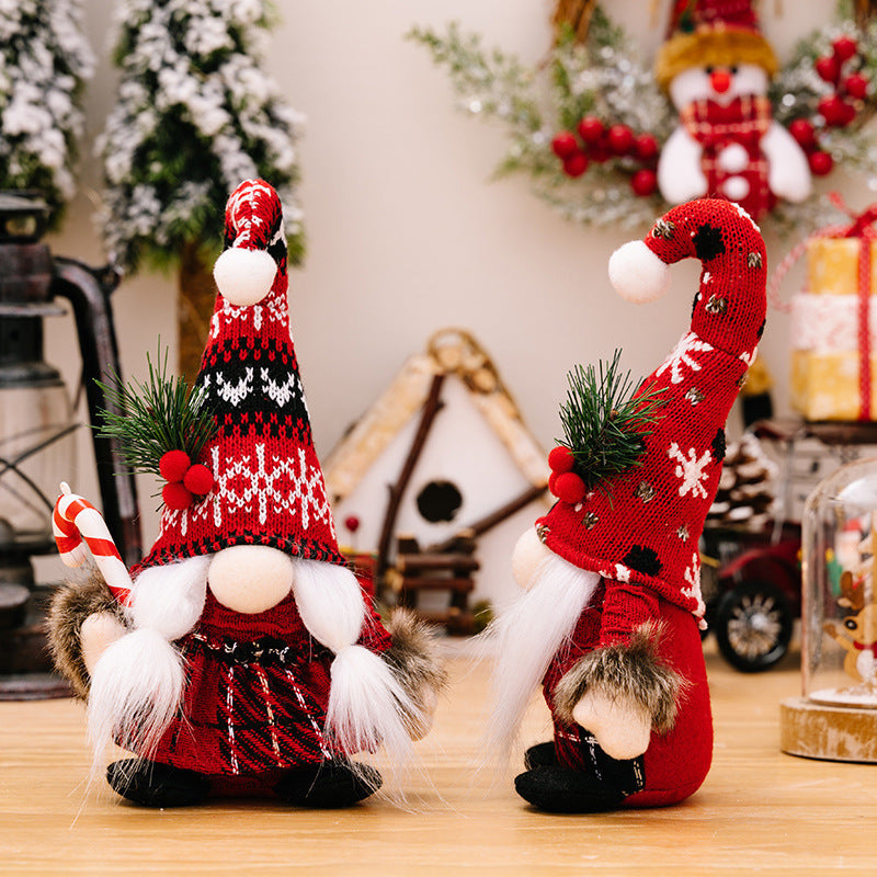 Christmas Gnome Plush Dolls, Set of 2, Knitted Cap Scandinavian Tomte Nisse Figurines with Lantern & Candy Cane, Festive Handmade Polyester No-Face Elves, Non-Electricity Tabletop Holiday Decorations