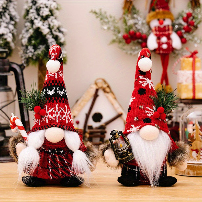 Christmas Gnome Plush Dolls, Set of 2, Knitted Cap Scandinavian Tomte Nisse Figurines with Lantern & Candy Cane, Festive Handmade Polyester No-Face Elves, Non-Electricity Tabletop Holiday Decorations