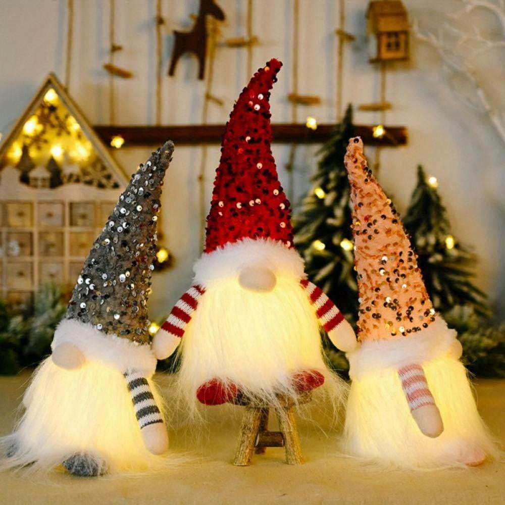 Christmas Gnome Decorations with Led Light, Handmade Sequin Swedish Tomte Gnomes, Santa Plush Table Ornaments, Figurine Holiday Decor Gift Collectible Dolls