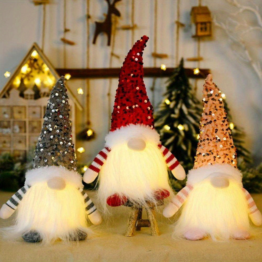 Christmas Gnome Decorations with Led Light, Handmade Sequin Swedish Tomte Gnomes, Santa Plush Table Ornaments, Figurine Holiday Decor Gift Collectible Dolls
