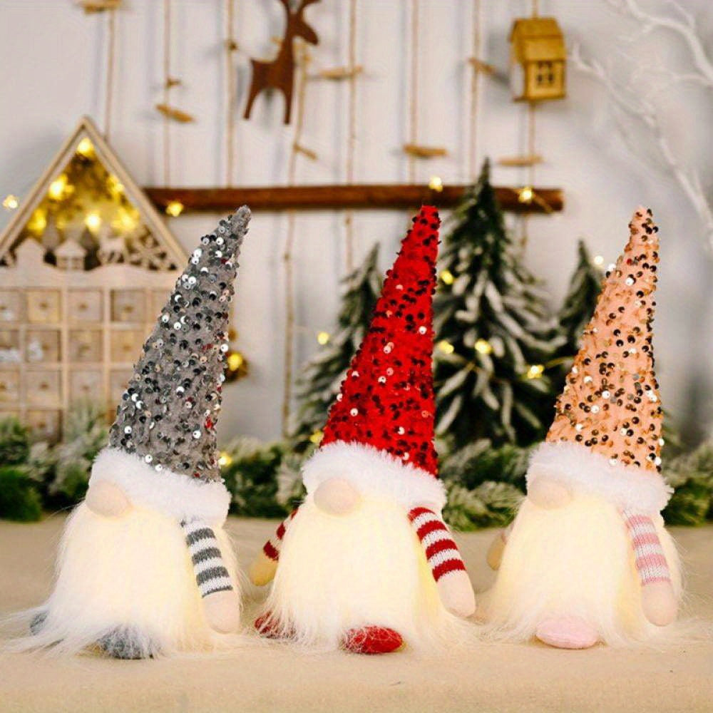Christmas Gnome Decorations with Led Light, Handmade Sequin Swedish Tomte Gnomes, Santa Plush Table Ornaments, Figurine Holiday Decor Gift Collectible Dolls
