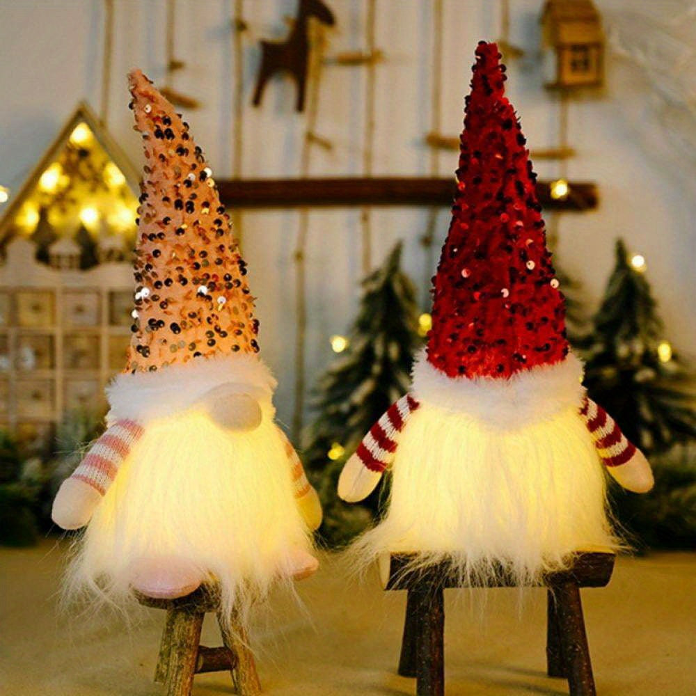 Christmas Gnome Decorations with Led Light, Handmade Sequin Swedish Tomte Gnomes, Santa Plush Table Ornaments, Figurine Holiday Decor Gift Collectible Dolls