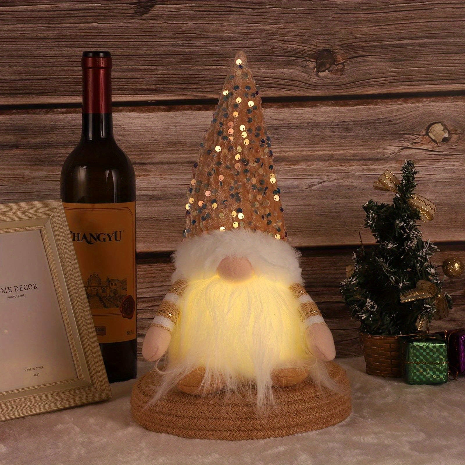 Christmas Gnome Decorations with Led Light, Handmade Sequin Swedish Tomte Gnomes, Santa Plush Table Ornaments, Figurine Holiday Decor Gift Collectible Dolls