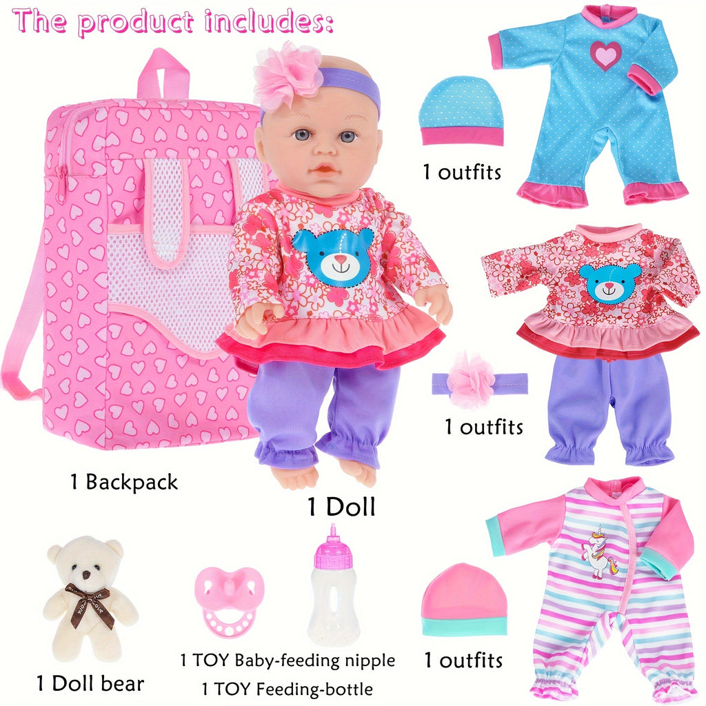 12 Inch Baby Doll And Accessories-Reborn Baby Dolls Real Life Baby Dolls With 3 Sets Clothes, Backpack, Pacifier, Bottle