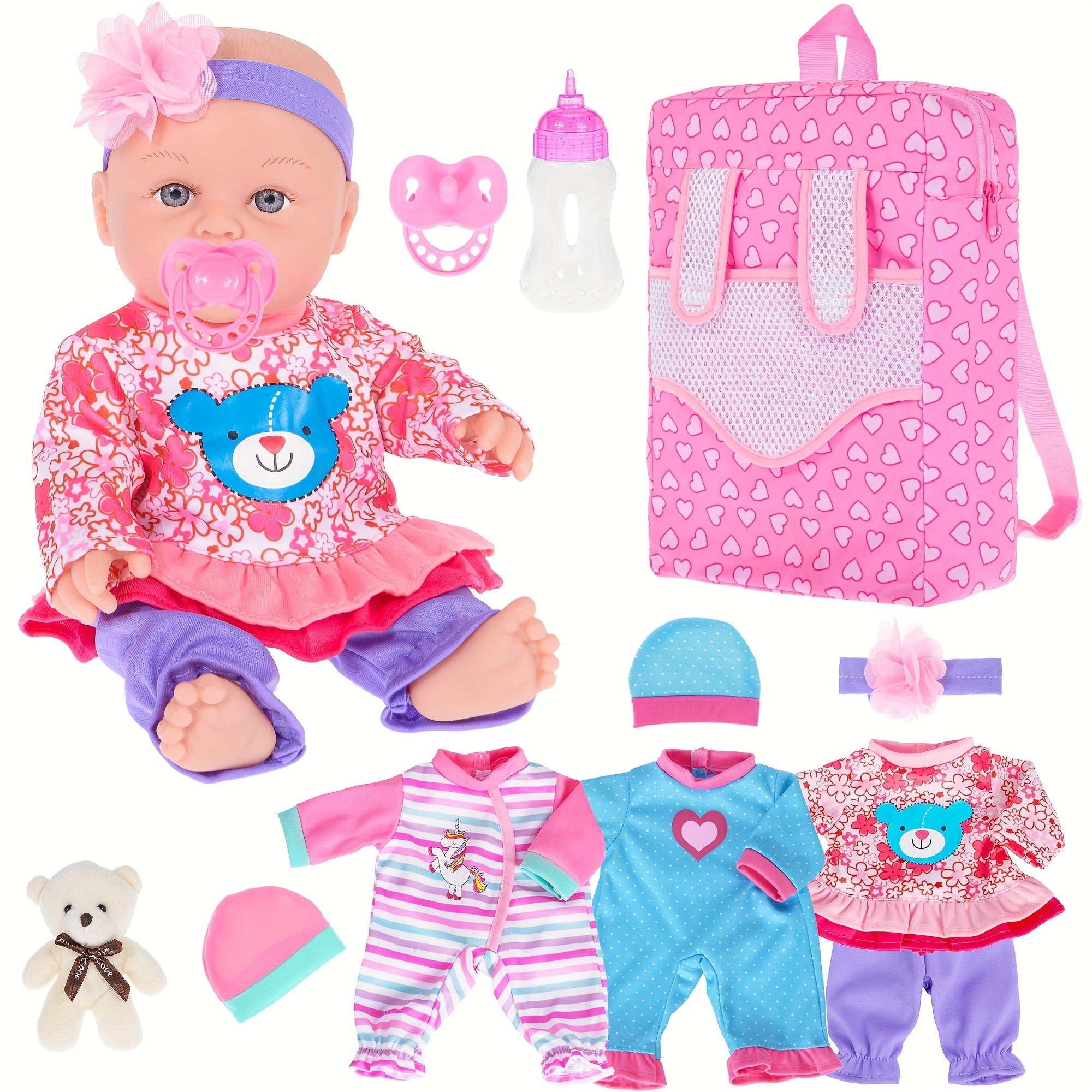 12 Inch Baby Doll And Accessories-Reborn Baby Dolls Real Life Baby Dolls With 3 Sets Clothes, Backpack, Pacifier, Bottle