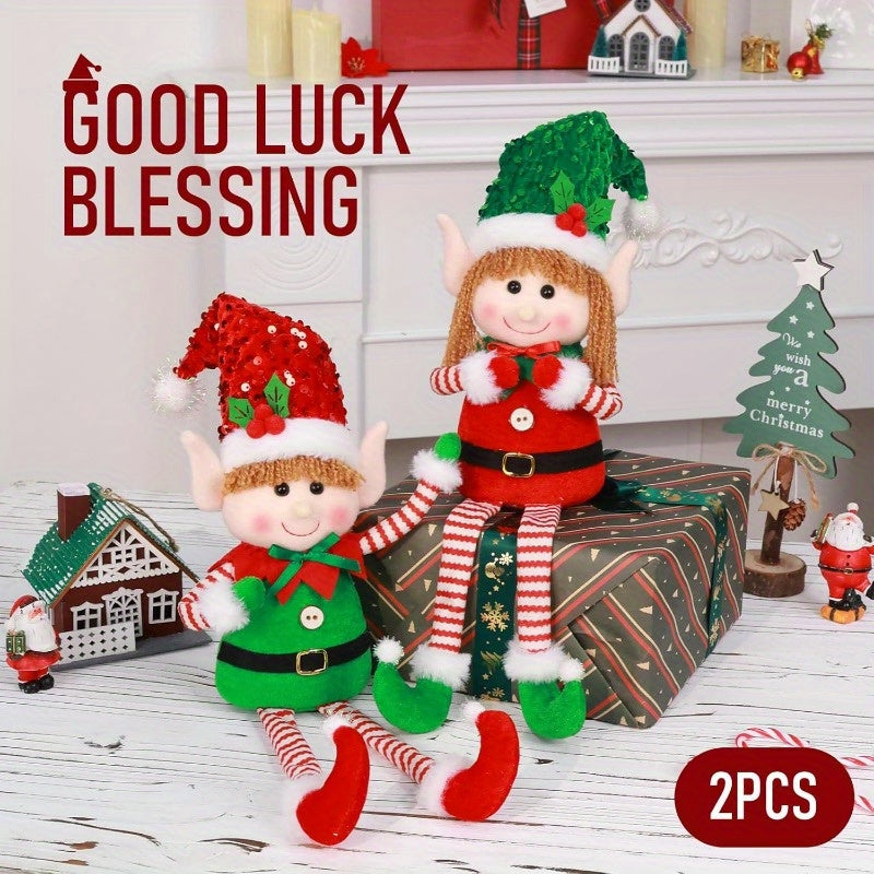 HATISAN 2pcs Christmas Elf Dolls - Polyester Plush Elves with Long Legs, Festive Tabletop Decorations for Home, Kitchen, Living Room, Bar, Cafe - No Electricity Needed, Perfect for Christmas Holiday Display