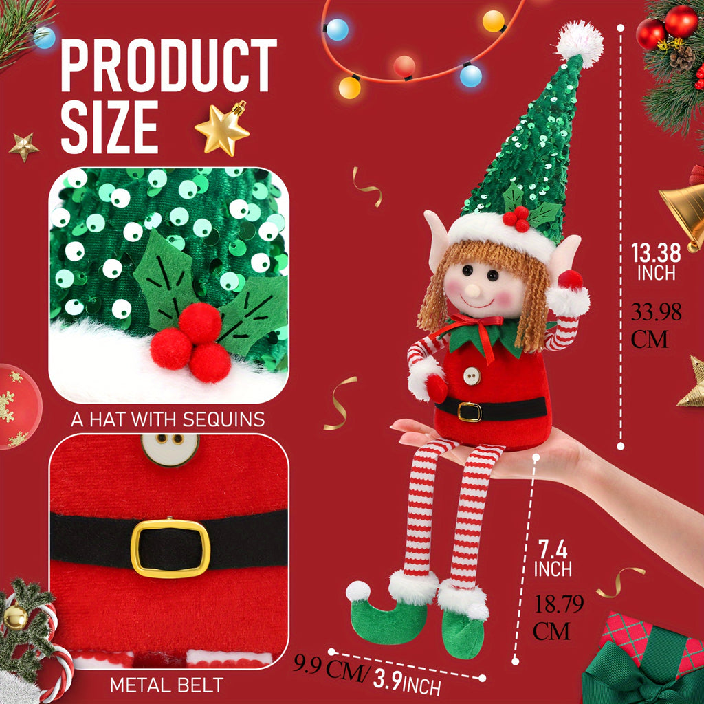 HATISAN 2pcs Christmas Elf Dolls - Polyester Plush Elves with Long Legs, Festive Tabletop Decorations for Home, Kitchen, Living Room, Bar, Cafe - No Electricity Needed, Perfect for Christmas Holiday Display