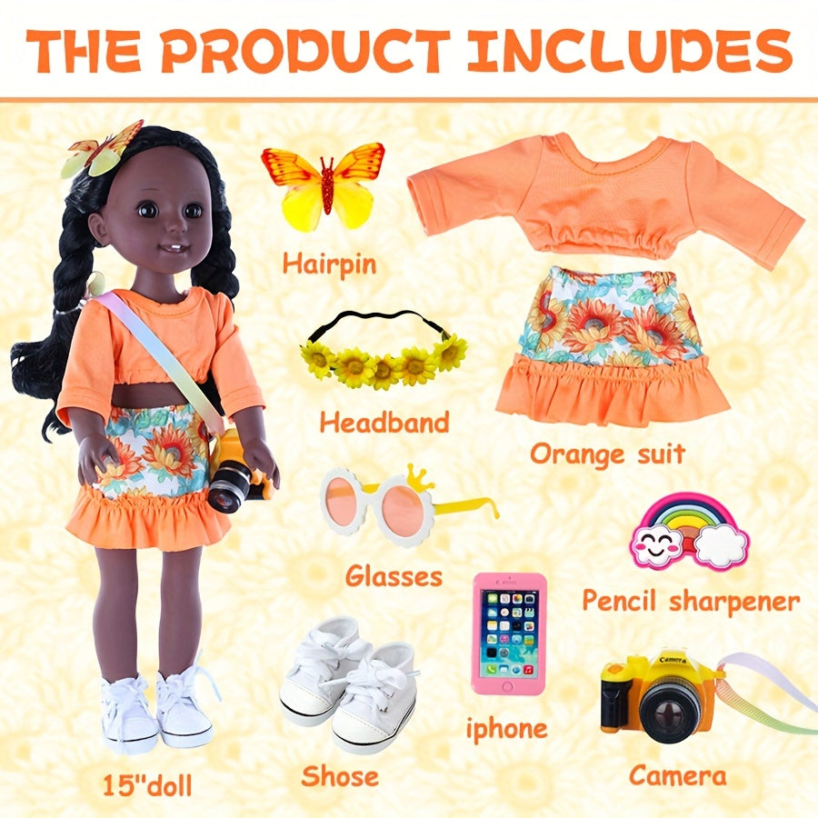 10 Pieces Set of 15 Inch African American Dolls with Accessories: Clothes, Phone, Camera, Glasses, Shoes, Hair Clips, Roller Pen Knife