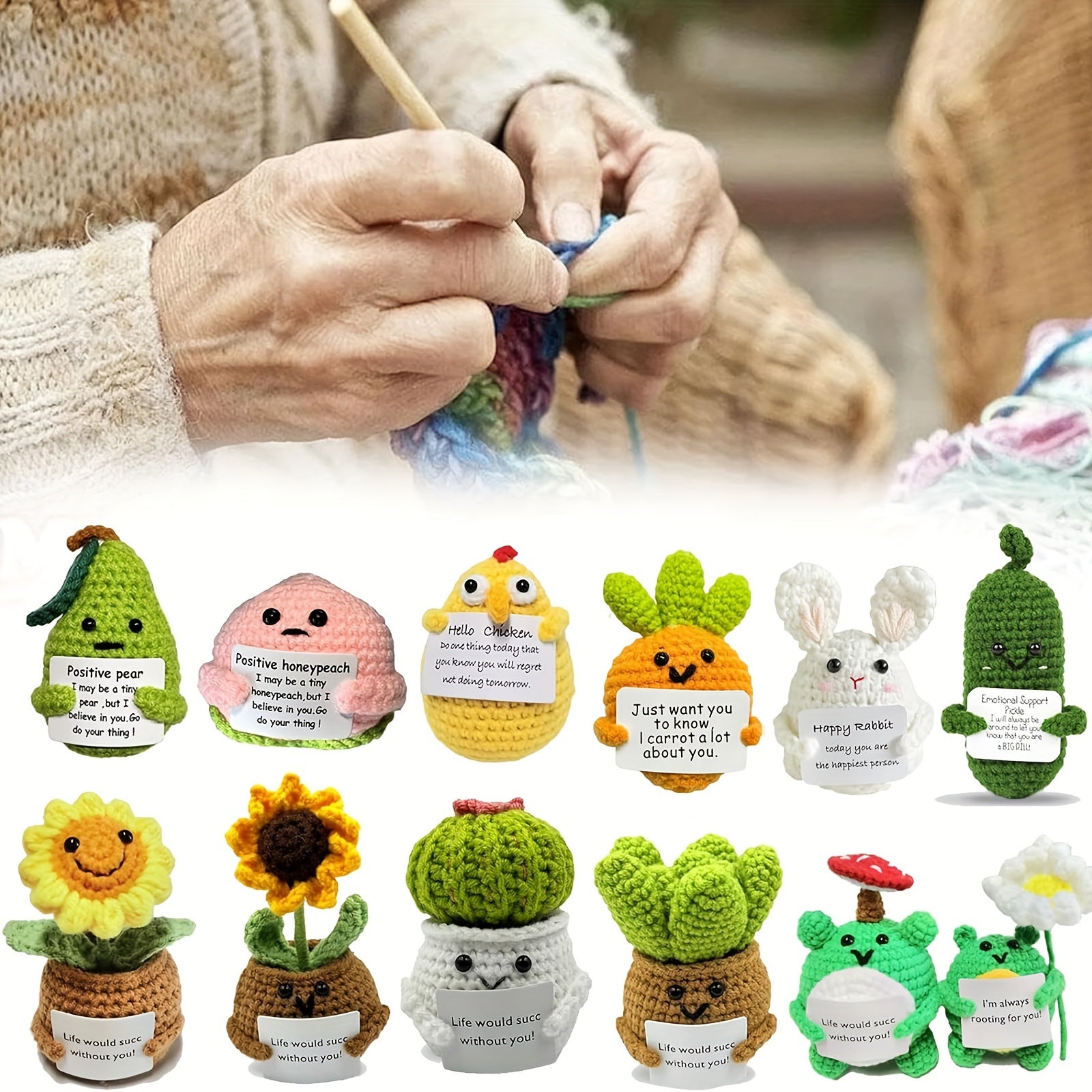 6-Pack Mini Positive Affirmation Plushies, 3-Inch Knitted Fabric Stuffed Dolls, Emotional Support Fun Potatoes, Party Decor Figure Toys, Woolen Encouragement Gift for Women and Moms, Suitable for Ages 14+