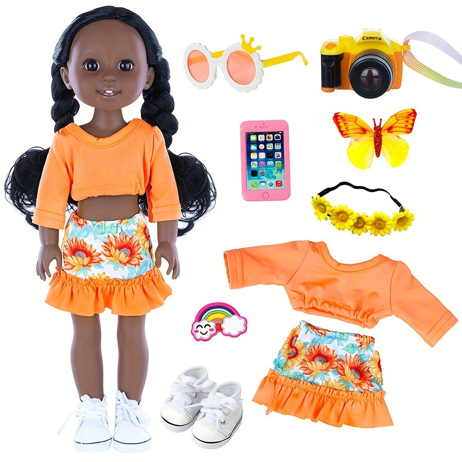 10 Pieces Set of 15 Inch African American Dolls with Accessories: Clothes, Phone, Camera, Glasses, Shoes, Hair Clips, Roller Pen Knife