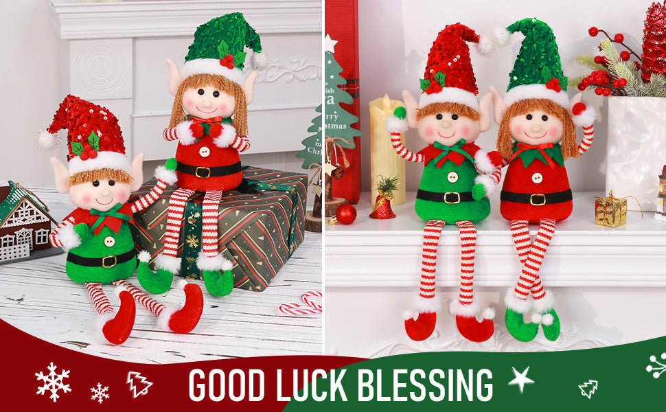 HATISAN 2pcs Christmas Elf Dolls - Polyester Plush Elves with Long Legs, Festive Tabletop Decorations for Home, Kitchen, Living Room, Bar, Cafe - No Electricity Needed, Perfect for Christmas Holiday Display