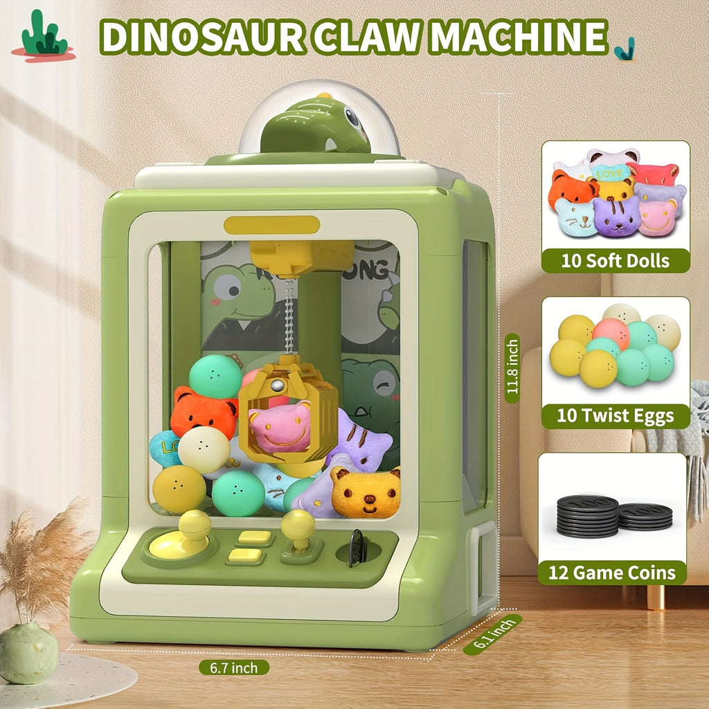 10 Dolls, 10 Twisting Eggs Mini Claw Machine, Dinosaur Claw Vending Machine with Music, Suitable for Party Birthday Gifts, Penny Drop Game