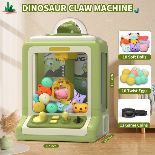 10 Dolls, 10 Twisting Eggs Mini Claw Machine, Dinosaur Claw Vending Machine with Music, Suitable for Party Birthday Gifts, Penny Drop Game