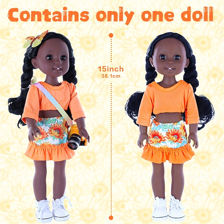 10 Pieces Set of 15 Inch African American Dolls with Accessories: Clothes, Phone, Camera, Glasses, Shoes, Hair Clips, Roller Pen Knife