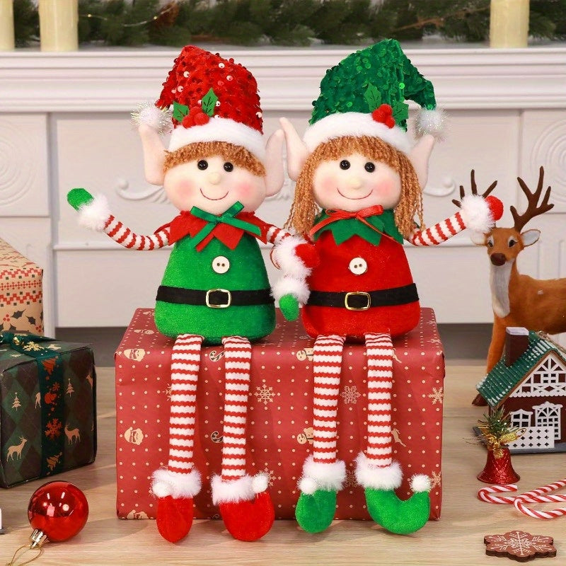 HATISAN 2pcs Christmas Elf Dolls - Polyester Plush Elves with Long Legs, Festive Tabletop Decorations for Home, Kitchen, Living Room, Bar, Cafe - No Electricity Needed, Perfect for Christmas Holiday Display