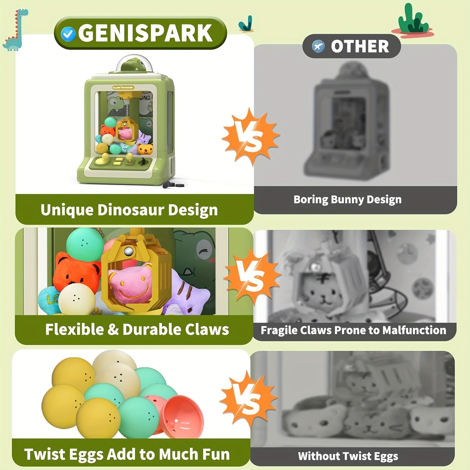 10 Dolls, 10 Twisting Eggs Mini Claw Machine, Dinosaur Claw Vending Machine with Music, Suitable for Party Birthday Gifts, Penny Drop Game