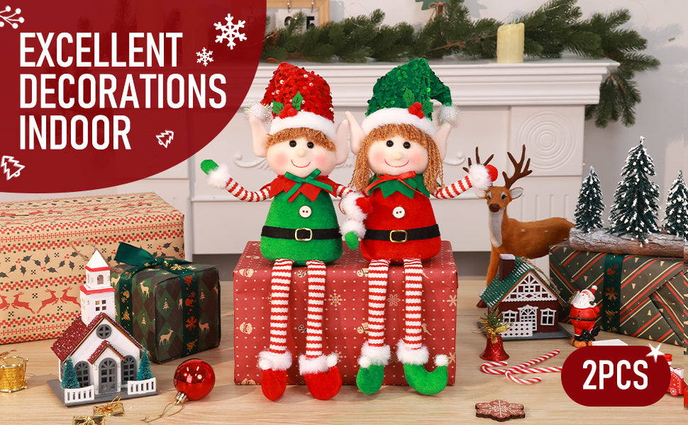 HATISAN 2pcs Christmas Elf Dolls - Polyester Plush Elves with Long Legs, Festive Tabletop Decorations for Home, Kitchen, Living Room, Bar, Cafe - No Electricity Needed, Perfect for Christmas Holiday Display