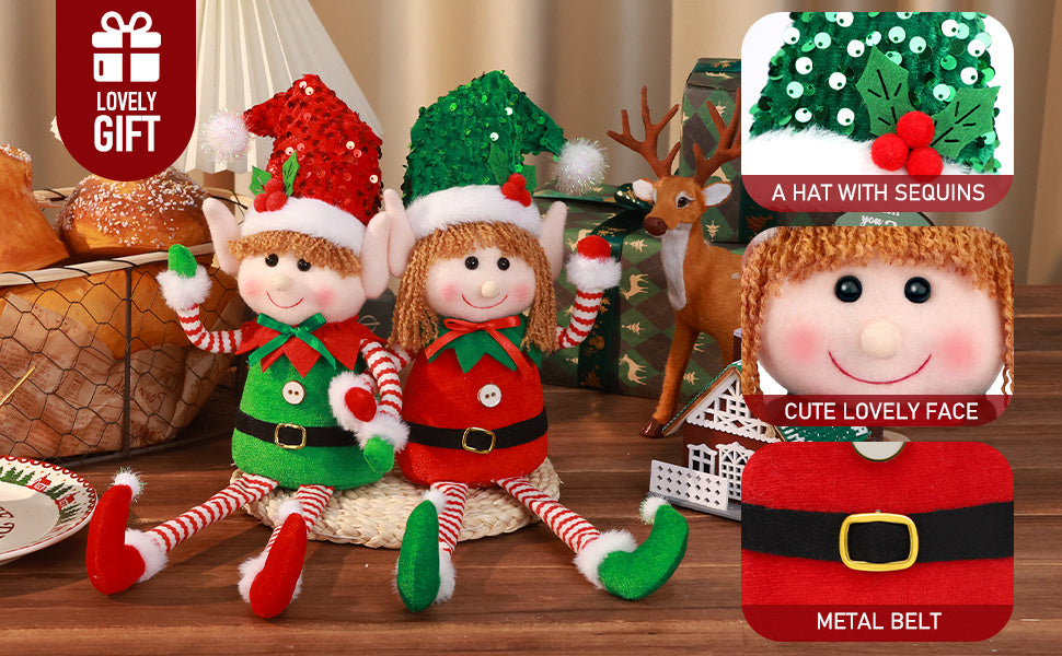HATISAN 2pcs Christmas Elf Dolls - Polyester Plush Elves with Long Legs, Festive Tabletop Decorations for Home, Kitchen, Living Room, Bar, Cafe - No Electricity Needed, Perfect for Christmas Holiday Display