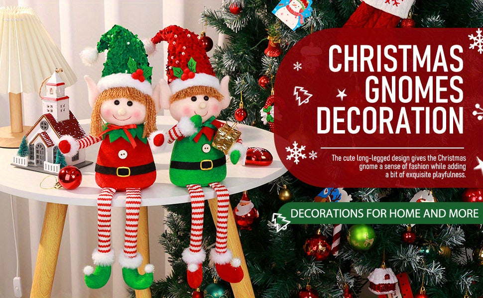 HATISAN 2pcs Christmas Elf Dolls - Polyester Plush Elves with Long Legs, Festive Tabletop Decorations for Home, Kitchen, Living Room, Bar, Cafe - No Electricity Needed, Perfect for Christmas Holiday Display